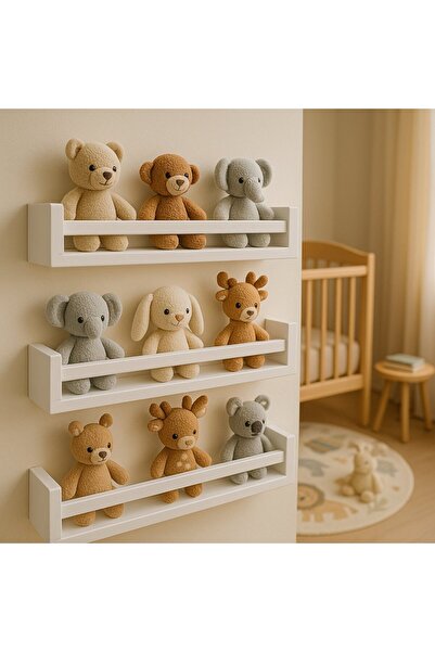 Jaju Baby 60 Cm 3 Lü Beyaz Ahşap Raf Baharat Rafı Kitaplık Montessori