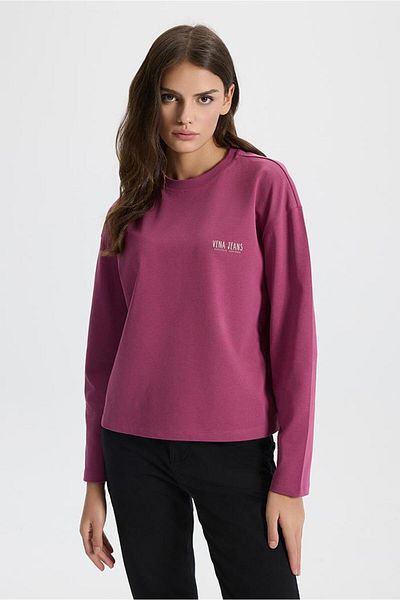 VENA Tricou cu mânecă lungă cu imprimeu cu logo-ul prune pentru damă