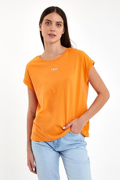 VENA Tricou pentru damă cu imprimeu Lovena cu logo-ul portocaliu Regular Fit - Gât crew
