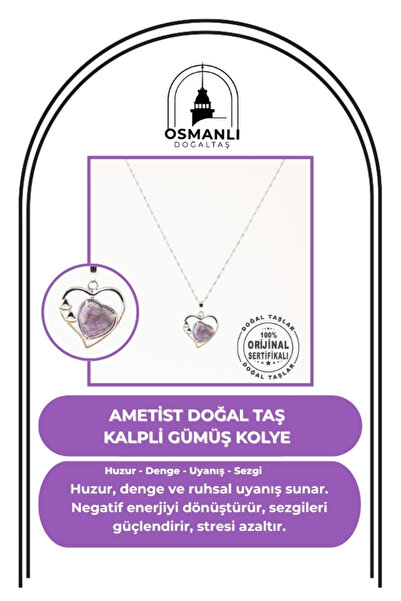 OSMANLI DOĞAL TAŞ Sertifikalı Ametist Doğaltaş Kalpli Kolye Ucu, Gümüş Zincir...