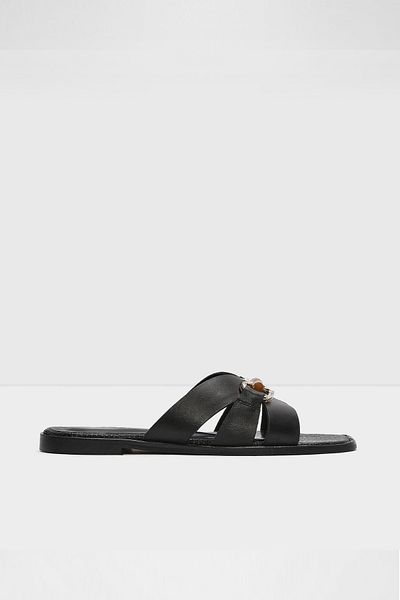 Aldo Mona-Tr - Genuine Leather Straw Sole Black Women's Flat Slippers