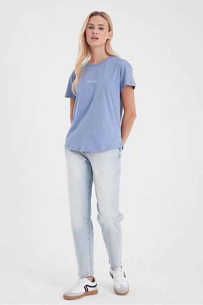 VENA Tricou de damă, cu decolteu rotund, cu logo-ul albastru deschis, cu croiala normală