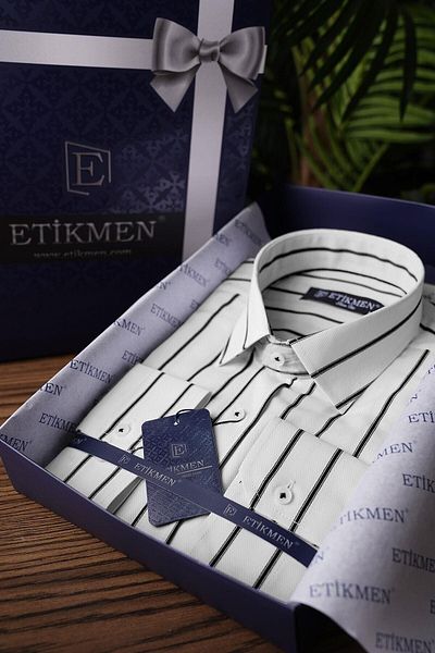 Etikmen Λευκό μαύρο ριγέ ανδρικό πουκάμισο σε συσκευασία δώρου
