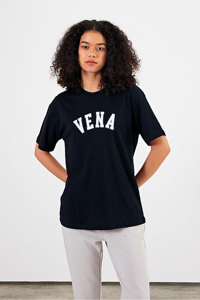 VENA Tricou de damă Vena Jeans, cu imprimeu negru, cu decolteu rotund, cu croiala normală