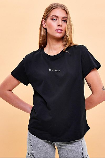 VENA Tricou negru cu imprimeu cu logo Mini Vena pentru femei, cu croiala normală