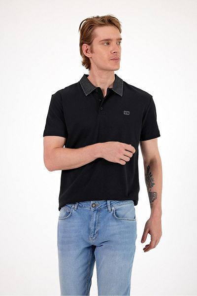 VENA Ανδρικό μπλουζάκι Marco Black Regular Fit Jean Collar με λεπτομέρεια Pique