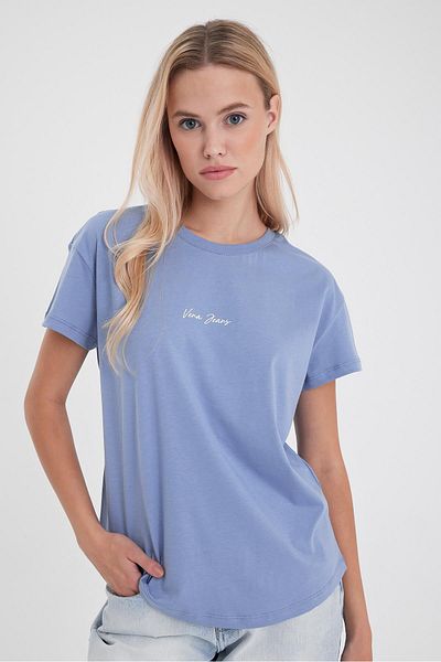 VENA Tricou de damă, cu decolteu rotund, cu logo-ul albastru deschis, cu croiala normală