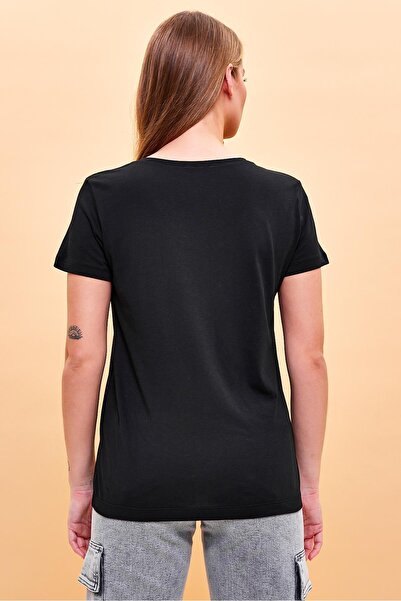 VENA Γυναικείο μπλουζάκι Boyfriend μαύρο με λαιμόκοψη V με κανονική εφαρμογή Modal (LYOCELL)