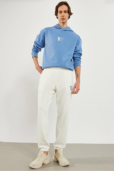 VENA Men's Elastic Leg Ivory Logo Printed Sweatpants