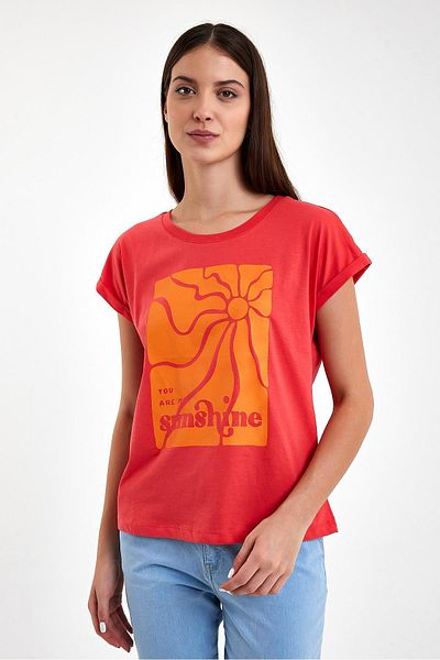 VENA Sunshine Coral Printed Women's T-Shirt - Crew Neck, Regular Fit