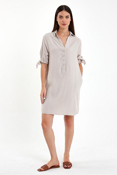 VENA Marissa Linen Dress - Rhinestone Detail, Short Sleeve and Button