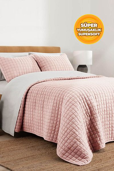Evlen Home Collection 100% Cotton Double Bedspread Set Stone Washed 3 Piece Fiber Filled Soft Joy Powder