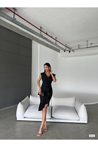 Vorre Scuba Kumaş Önü Fırfırlı Siyah Davet Elbisesi