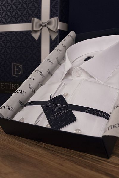 Etikmen Λευκό Satin Slimfit Ανδρικό πουκάμισο σε συσκευασία δώρου