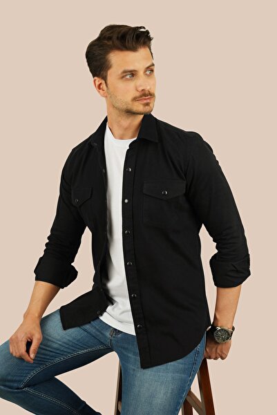 Etikmen Μαύρο ανδρικό πουκάμισο Slimfit Real Denim