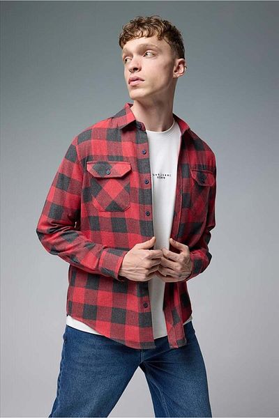 VENA Men's Regular Fit Red Plaid Flannel Shirt