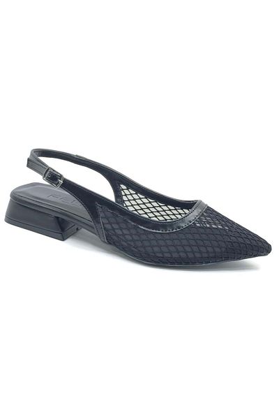 KOCAMANLAR Feles Lace Detailed Short Heeled Open Back Women's Ballerina Shoes Black