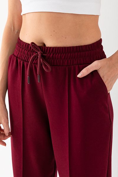 Warasiva Pantaloni de damă bordeaux cu talie înaltă, cu buzunare, din țesătură modală, cu nervuri în față