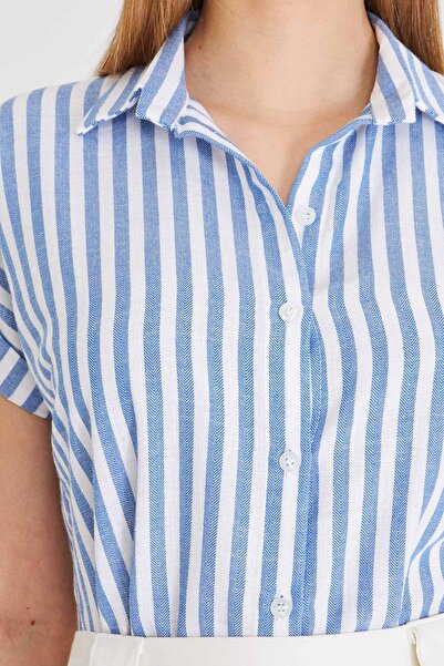 armonika Cămașă albastră subțire cu dungi scurte pentru femei ARM-21K001188
