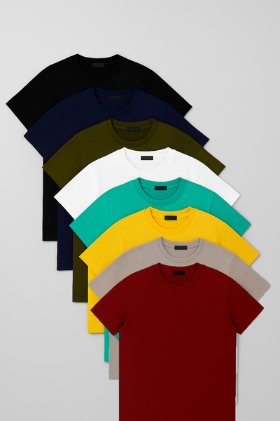 Nacar Erkek 8'li Tişört Paketi Siyah Beyaz Haki Gri TURUNCU SU YEŞİLİ Sarı Bo...