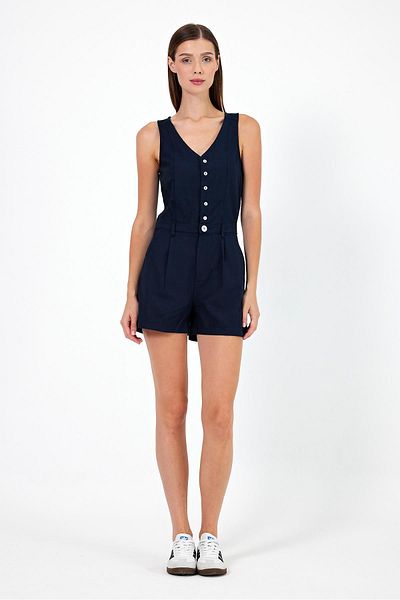 VENA navy Blue Linen Women's Shorts Jumpsuit