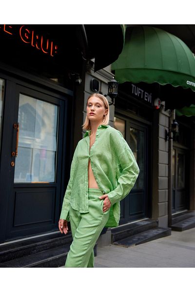 VENA Γυναικείο πουκάμισο Alina Water Green Oversize λινό