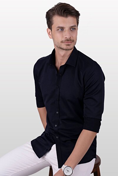 Etikmen Slimfit sötétkék szatén férfi ing - ajándékdobozban