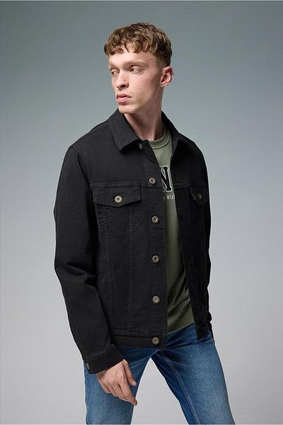 VENA Мъжко черно дънково яке Mark Oversize Wide Cut с цветен разкрой