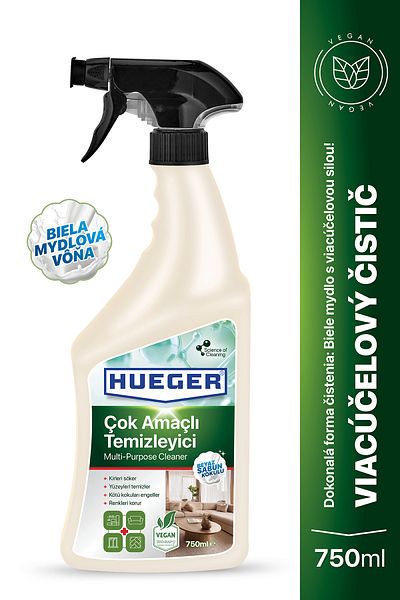 Hueger Vegánsky viacúčelový čistiaci prostriedok – výkonný čistiaci prostriedok s penovou a rozprašovacou hlavicou a vôňou bieleho mydla, 750 ml