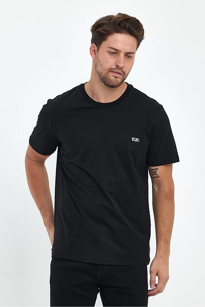 VENA Ανδρικό μπλουζάκι με λογότυπο Crew Neck με τυπωμένη κανονική εφαρμογή - Μαύρο