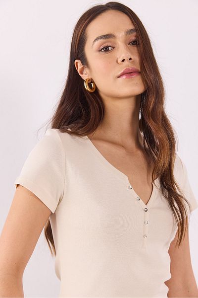 VENA Matilda Button Detailed Fitted T-Shirt - Stone