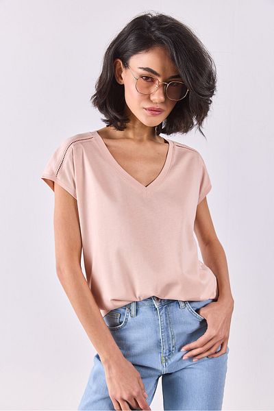 VENA Khloe V-Neck Regular Fit Lace Detailed Modal T-Shirt(Tencel)(Tm) - Powder