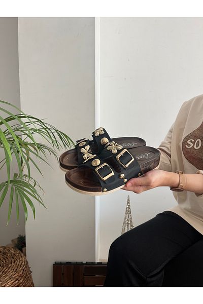 Behtah Kundura Black Butterfly Stone Stylish Design Soft Orthopedic High Sole Daily Slippers