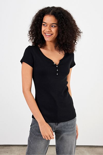 VENA Tricou mulat cu nasturi Matilda - negru
