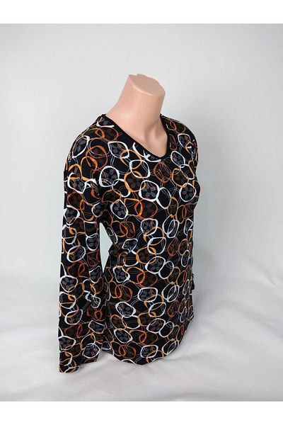 YAŞAR TRİKO Women's Black Orange U-Neck Long Sleeve Patterned Slit Woven Viscose Mother Combed Cotton T-Shirt