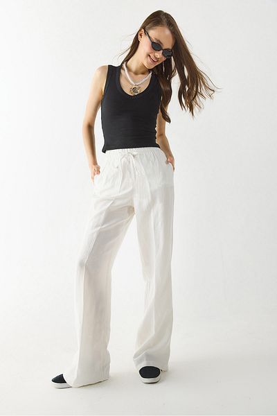 VENA Women's Wide Leg Linen Beach Pants - Ivory