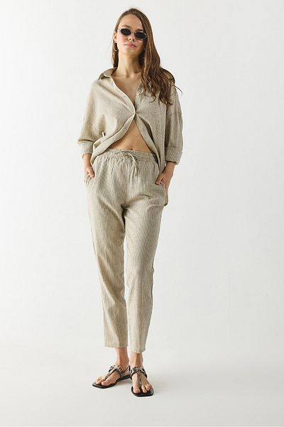 VENA Alian Waist Elasticated Pinstripe Linen Trousers - Dark Blue Striped