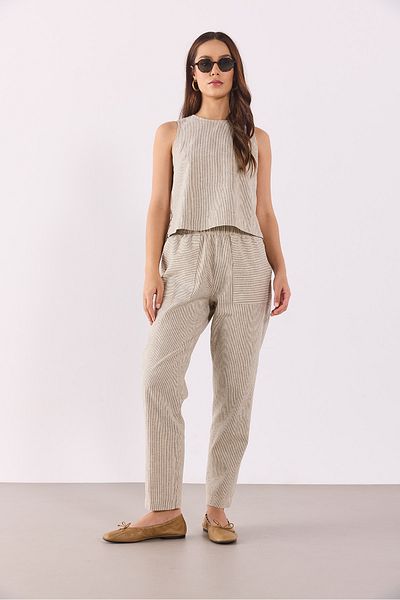 VENA Elastic Waist Striped Linen Trousers - Khaki Striped