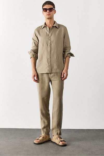 VENA Ken Elastic Waist Linen Chino Trousers - Khaki