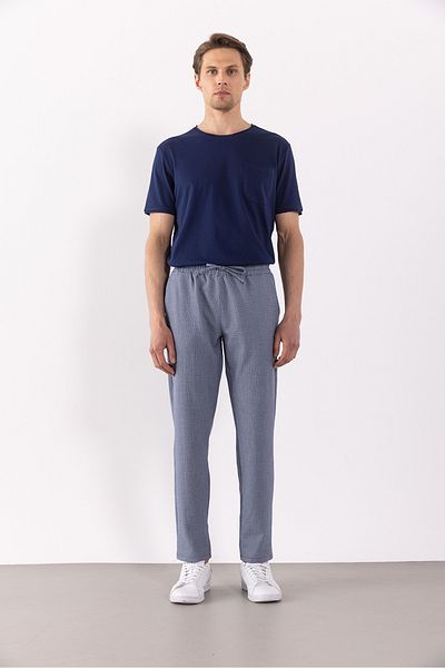 VENA Μπλε Alfred Elastic Waist Gingham Seersucker Παντελόνι