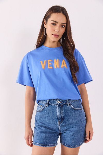 VENA Tricou oversize cu sigla imprimata - albastru
