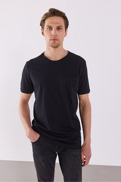 VENA Simon Crew Neck Basic T-Shirt με λεπτομέρεια τσέπης - ΜΑΥΡΟ