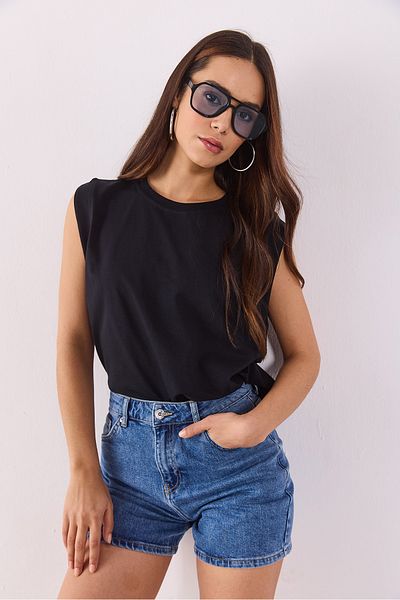VENA Tricou din bumbac fără mâneci cu decolteu - NEGRU