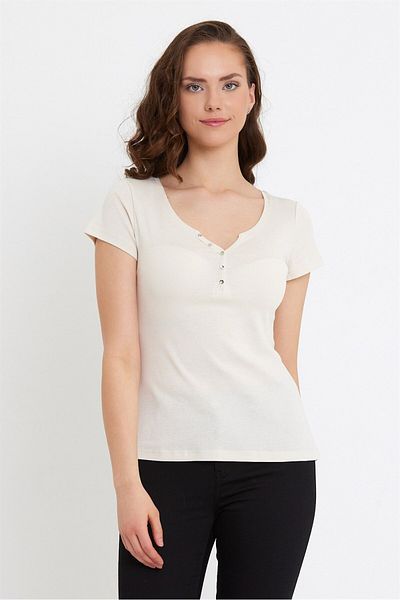 VENA Matilda Button Detailed Bodycon T-Shirt - Stone