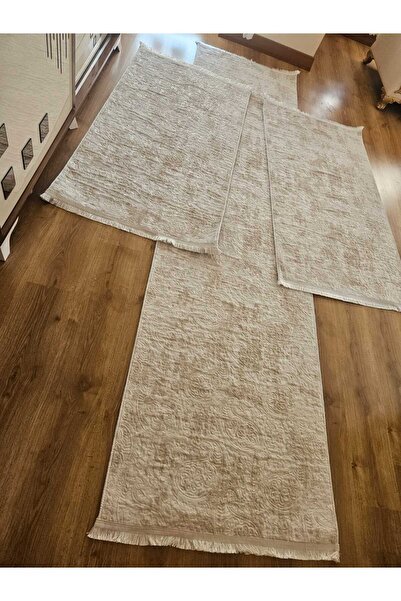 AKSU Modern dinarsu 3lü krem embos saçaklı yatak odası takımı yıkanabilir 2adet 80x150 1adet80x250