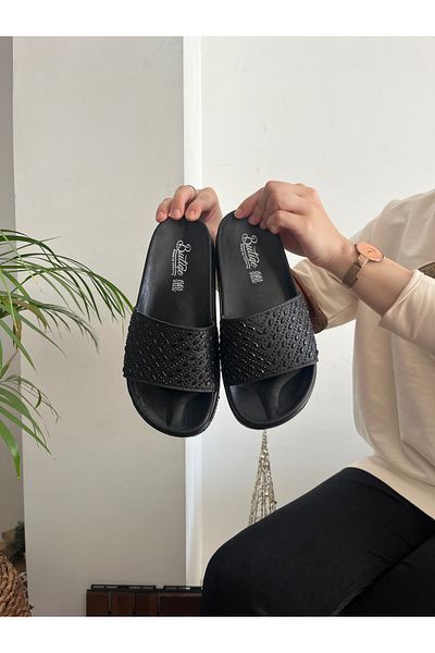 Behtah Kundura Black Glitter Stone Orthopedic Soft Sole Comfort Model Slippers Daily Comfortable Slippers
