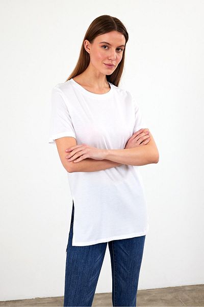VENA Miranda Crew Neck T-Shirt με λεπτομέρεια με σχισμή (Modal) - Λευκό