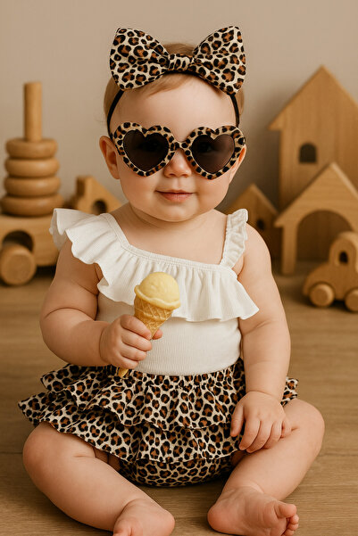 Mini Kids Baby Kız Bebek Tek Omuz Askılı Fırfırlı Body Leopar Desenli Şort Et...