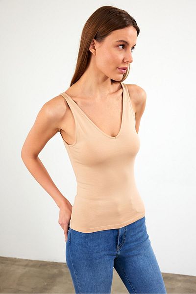 VENA Tricou Kenny cu decolteu în V în față și spate - nisip