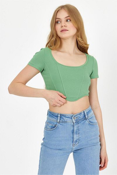 VENA Μπλουζάκι Greta Square Collar Crop - Πράσινο
